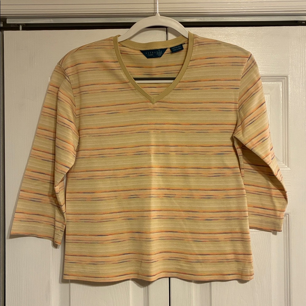 Vintage Astra, Beige and Orange Striped V-Neck Top, Made in Korea